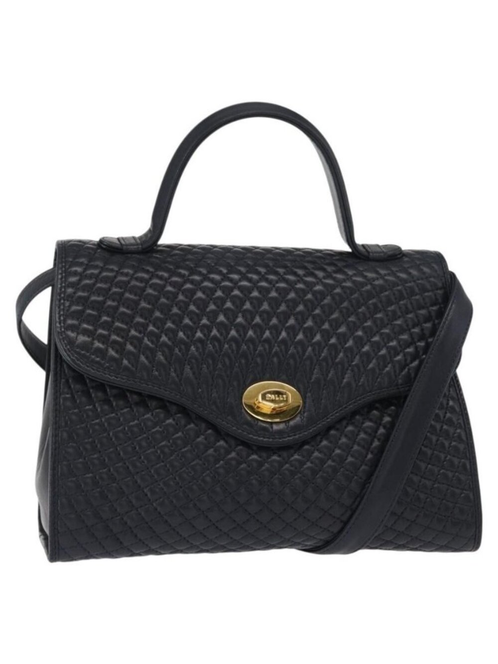 Authentic BALLY Shoulder Bag Leather 2way Navy Gold